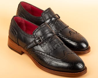 Men's Kabru Black Leather Single Monk Strap Dress Shoes, Blake Stitched