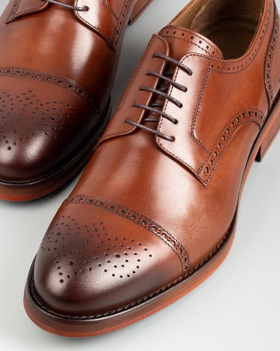 Men\'s Chestnut Leather Brogue Cap-Toe Derby Shoes Shop Chestnut Brown Leather Brogue Oxford Shoes | The Suit Depot main image 3