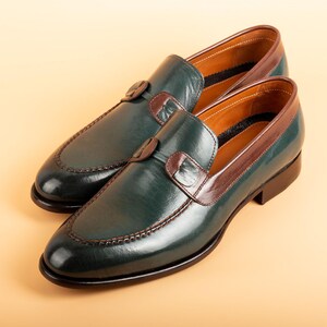 Men's Tahan Green Crust Buffalo Leather Loafers, Blake Stitched Dress Shoes image 2