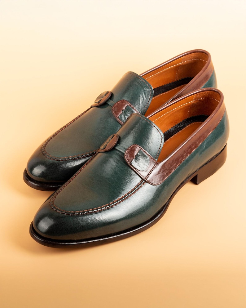 Men's Tahan Green Crust Buffalo Leather Loafers, Blake Stitched Dress Shoes image 2