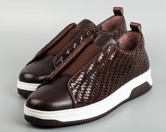 Men's Kamet Brown Leather Slip On Shoes, Woven Style