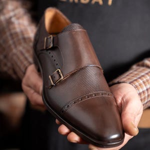 Men's Granite Brown Calf Leather Double Monk Strap Dress Shoes, Blake Stitched