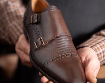 Men's Granite Brown Calf Leather Double Monk Strap Dress Shoes, Blake Stitched