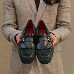 Men's Nevado Green Suede Monk Strap Shoes,Blake Stitched Leather Dress Shoes