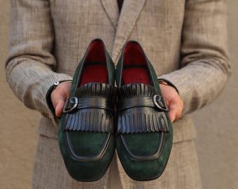 Herren Nevado Grün Wildleder Monk Strap Schuhe, Blake genähte Lederkleid Schuhe