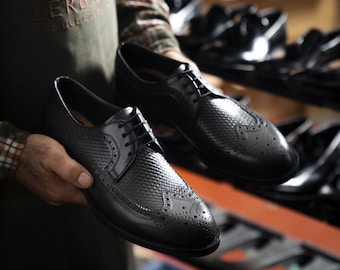 Men's Teide Black Calf Leather Wingtip Brogue Derby Shoes