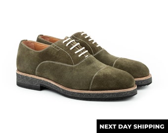 Zerbay Skollis Men&#39;s Green Suede Leather Cap Toe Oxford Lace Up Handcrafted Shoes Eva Outsole Gift Full Standard Size Cemented