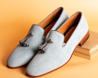 Męskie, wzorzyste, zamszowe mokasyny Hekla Blue z frędzlami, eleganckie buty z przeszyciami Blake