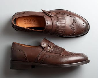 Men's Mauna Brown Calf Leather Single Monk Strap Dress Shoes