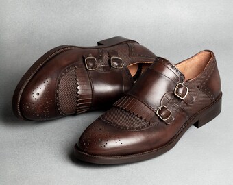 Men's Lhotse Brown Double Monk Strap Dress Shoes, Blake Stitched Leather