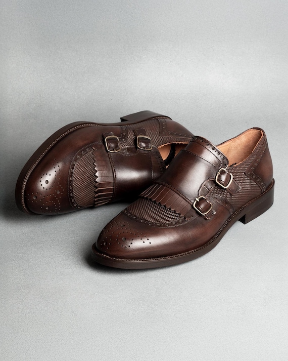Men's Lhotse Brown Double Monk Strap Dress Shoes, Blake Stitched Leather