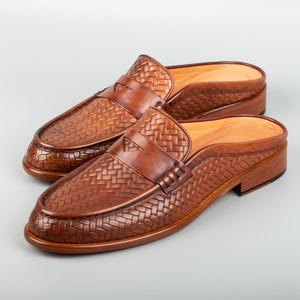 Men's Mawenzi Tan Leather Mules: Men's Patterned Calfskin Half Shoes image 2