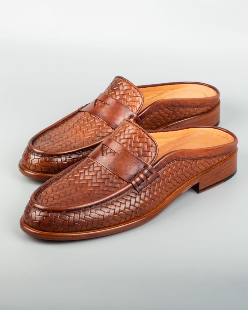 Men's Mawenzi Tan Leather Mules: Men's Patterned Calfskin Half Shoes image 2