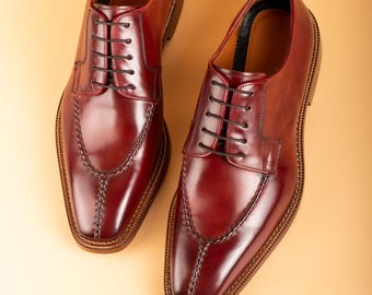 Men's Ontake Bordeaux Handpainted Leather Derby Dress Shoes, Blake Stitched