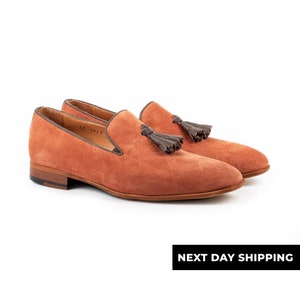 Zerbay Hekla Men&#39;s Clay Patterned Suede Leather Tassel Loafer Handcrafted Dress Shoes Microlight Outsole Full Size Blake Stitched