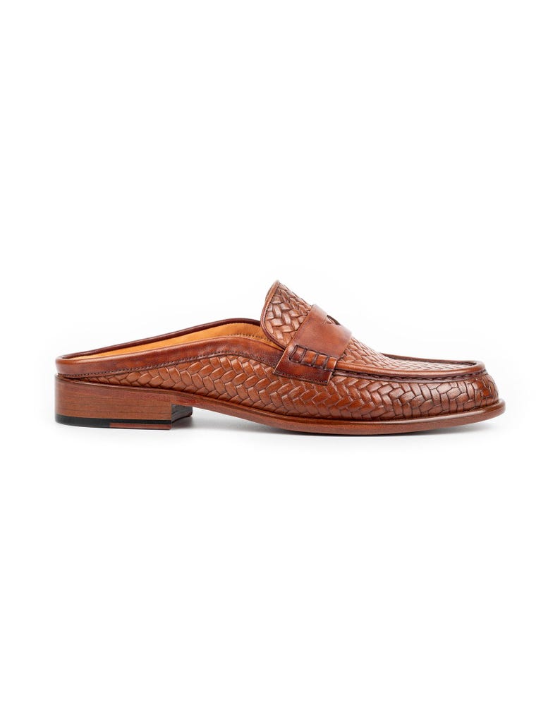 Men's Mawenzi Tan Leather Mules: Men's Patterned Calfskin Half Shoes image 5