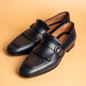 Men's Nevado Navy Leather Single Monk Strap Dress Shoes, Blake Stitched