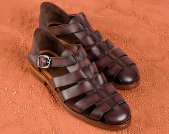 Men's Blanc Bordeaux Calf Leather Greek Sandals, Blake Stitched