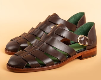 Men's Blanc Brown Leather Greek Sandals, Handcrafted Blake Stitched