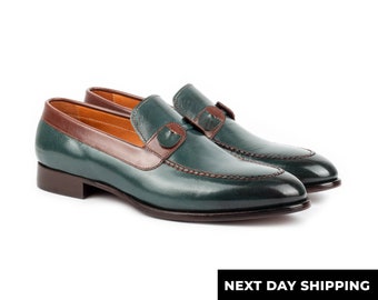 Zerbay Tahan Men&#39;s Green Crust Buffalo Leather Slip On Loafer Handcrafted Dress Shoes Leather Outsole Full Standard Size Blake Stitched