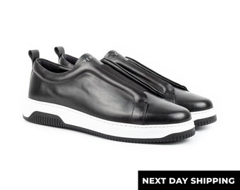 Zerbay Kamet Men&#39;s Black Casual Slip On Calf Leather Handcrafted Dress Shoes Gift Eva Outsole Full Standard Size Side Wall Sole Stitched