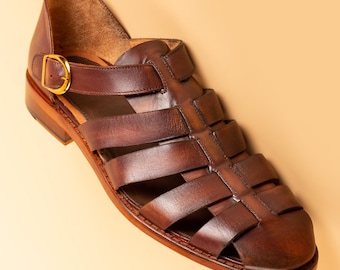 Men's Blanc Tan Leather Greek Sandals, Blake Stitched