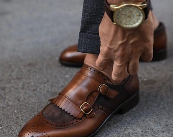 Men's Lhotse Tan Leather Double Monk Strap Dress Shoes, Blake Stitched