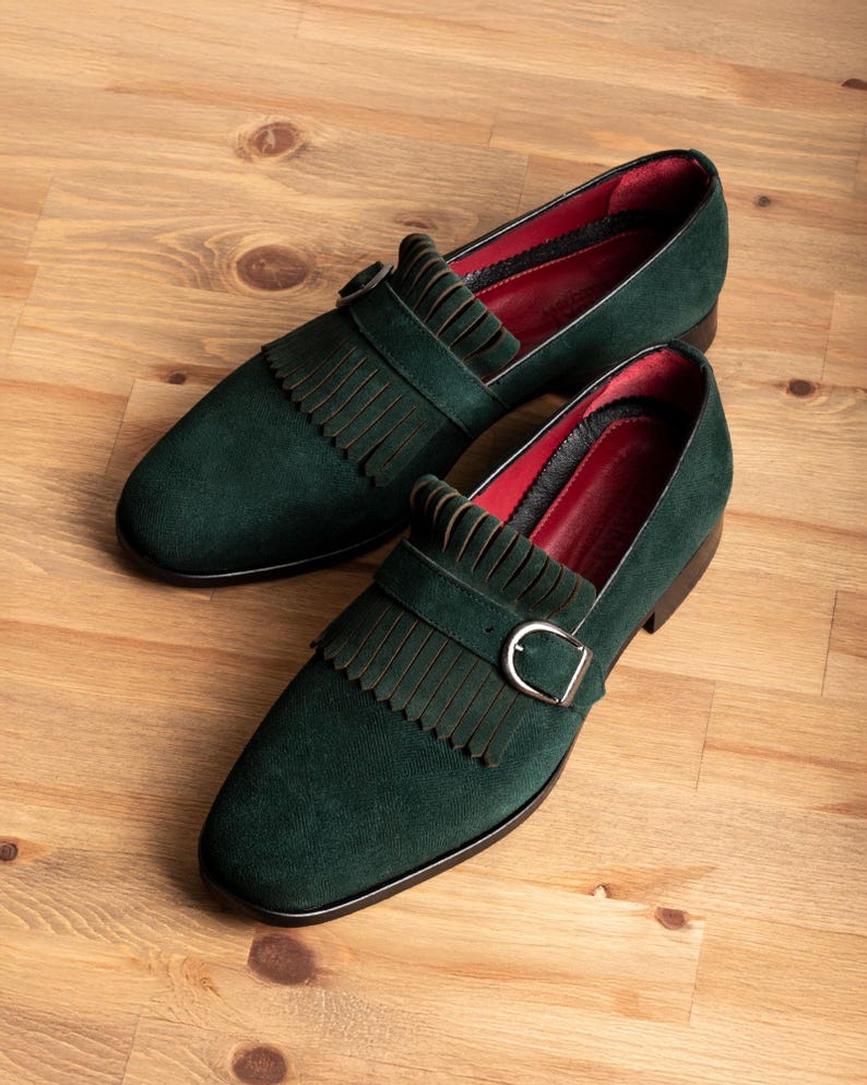 Men's Neblina Green Suede Leather Monk Strap Shoes, Blake Stitched Dress Shoes image 2