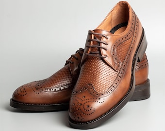 Men's Teide Tan Calf Leather Wingtip Brogue Derby Dress Shoes