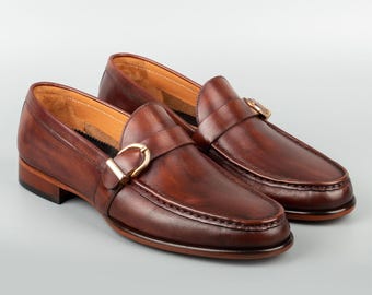 Men's Massif Brown Leather Single Monk Strap Dress Shoes, Blake Stitched