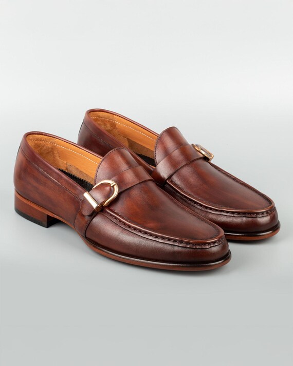brown dress shoes buckle Handmade Tan Leather Fringe Buckle Shoes Moccasins, Mens Leather Loafer US 7 / Tan / D main image 1
