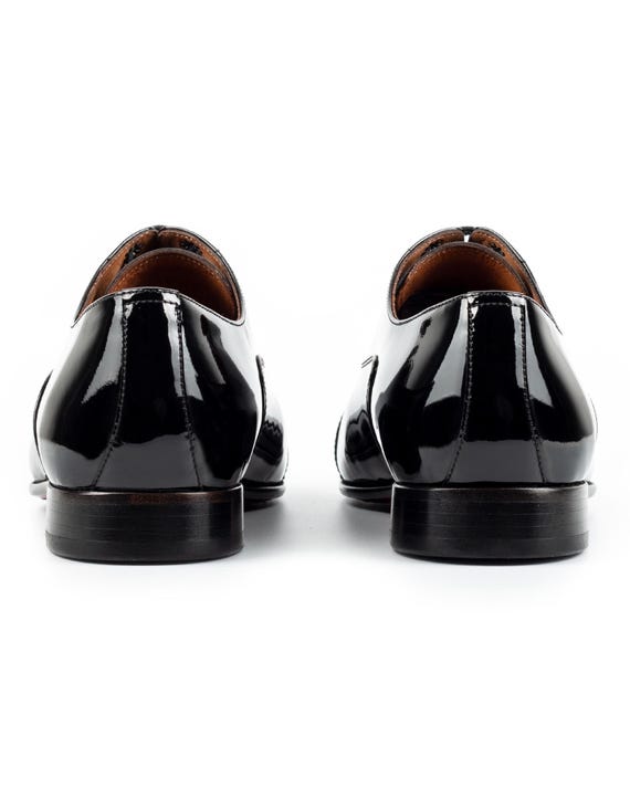 Men's Victoria Black Patent Leather Oxford Shoes, Blake Stitched Tuxedo Dress Shoes