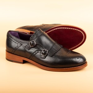 Men's Lhotse Black Leather Double Monk Strap Dress Shoes, Blake Stitched image 3