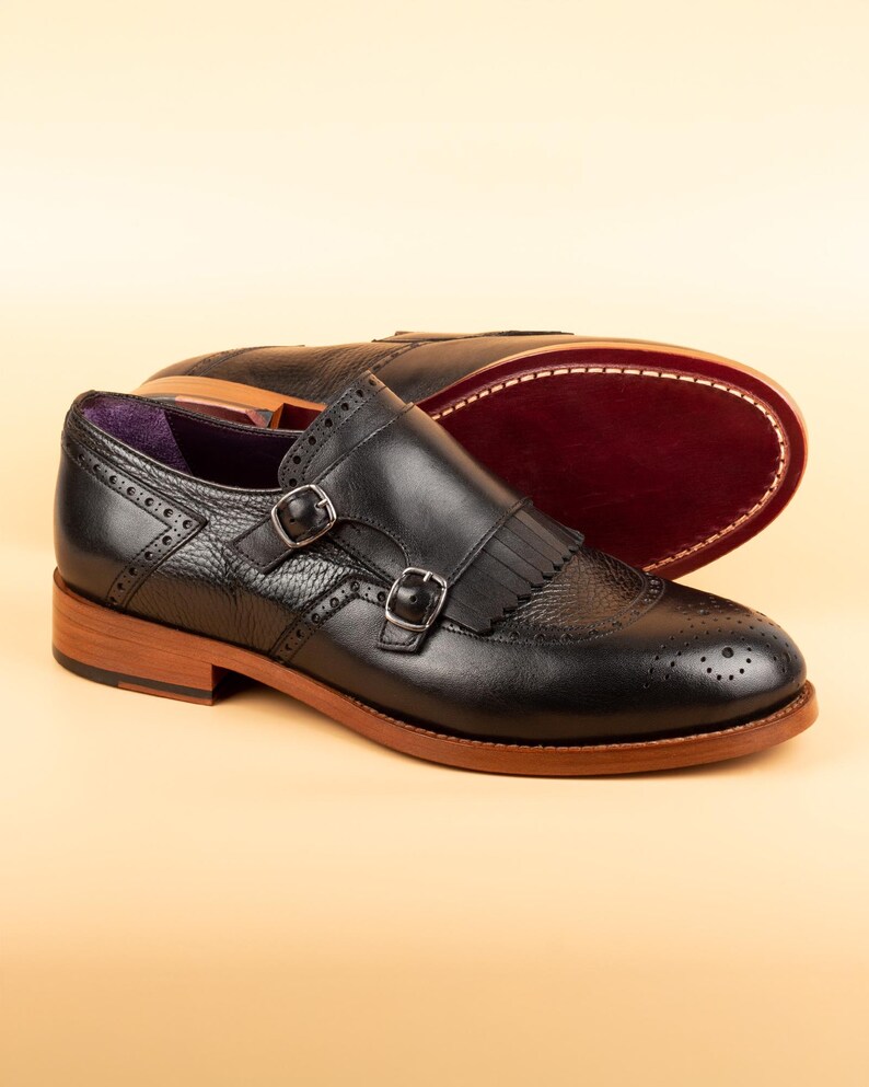 Men's Lhotse Black Leather Double Monk Strap Dress Shoes, Blake Stitched image 3