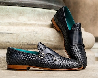 Men's Taranaki Navy Woven Leather Double Monk Strap Dress Shoes