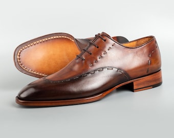Zapatos Oxford de cuero marrón Fuji para hombre, zapatos de vestir con costura Blake