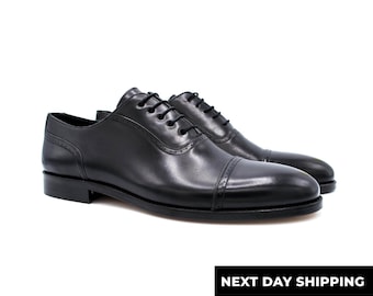 Zerbay Izalco Men's Black Top Grain Calf Leather Cap Toe Oxford Handcrafted Dress Shoes Leather Outsole Full Standard Size Blake Stitched