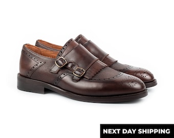 Zerbay Lhotse Men&#39;s Brown Double Monk Strap Calf Leather Handcrafted Gift Dress Shoes Microlight Outsole Full Standard Size Blake Stitched