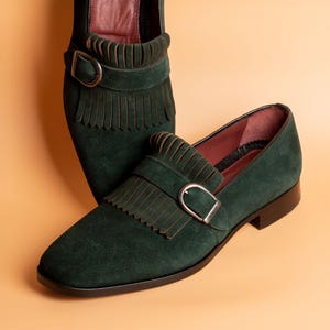 Men's Neblina Green Suede Leather Monk Strap Shoes, Blake Stitched Dress Shoes image 3