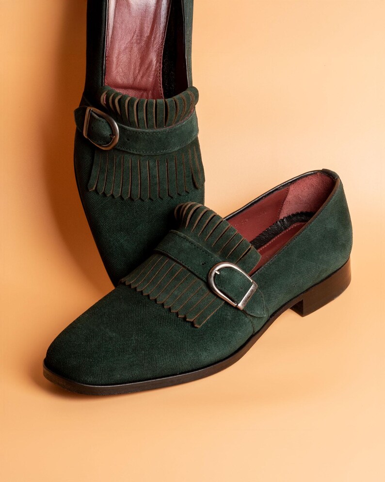 Men's Neblina Green Suede Leather Monk Strap Shoes, Blake Stitched Dress Shoes image 3