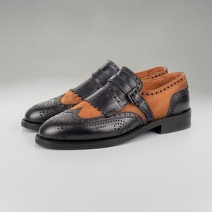 Men's Kabru Navy-Tan Leather Monk Strap Dress Shoes image 4