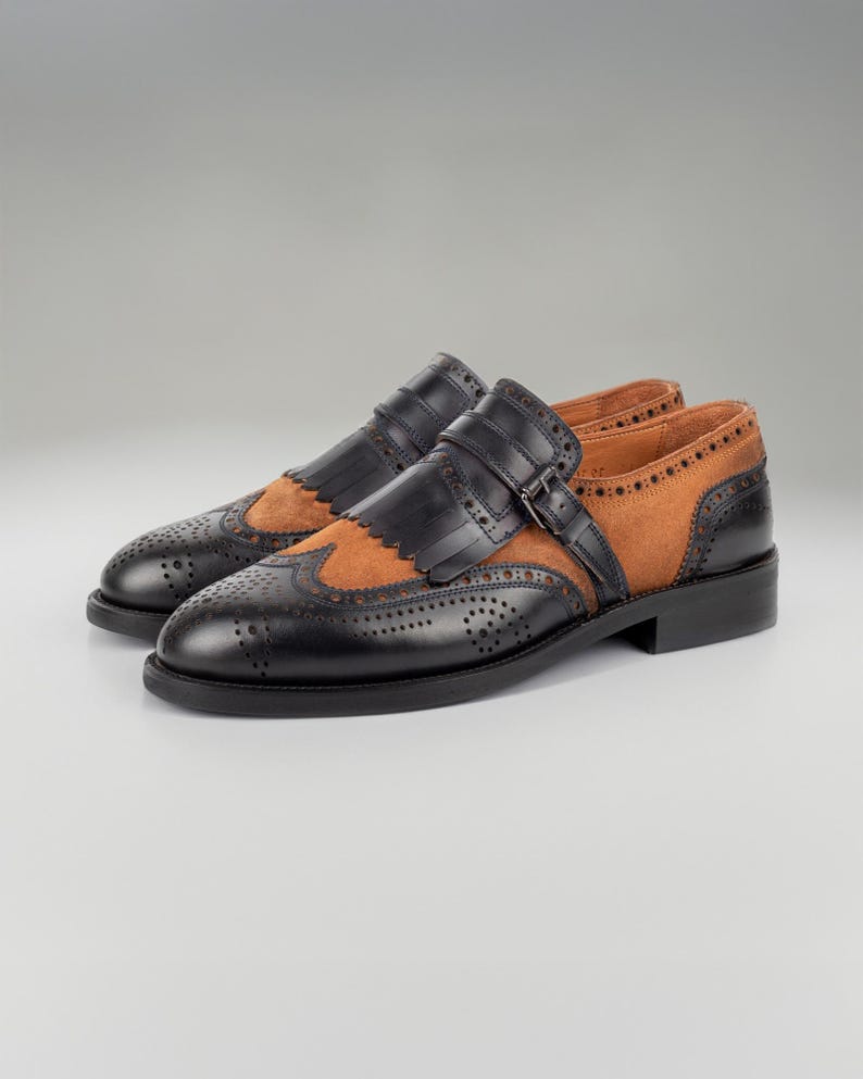 Men's Kabru Navy-Tan Leather Monk Strap Dress Shoes image 4