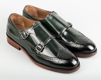 Men's Kazbek Green Calf Leather Double Monk Strap Dress Shoes, Blake Stitched