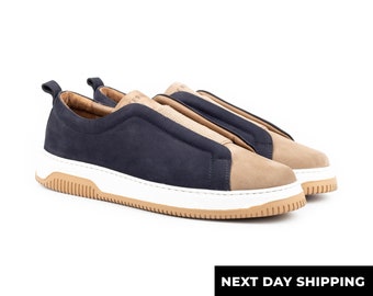 Zerbay Kamet Men&#39;s Navy & Cream Casual Slip On Nubuck Leather Handcrafted Shoes Gift Eva Outsole Full Standard Size Side Wall Sole Stitched