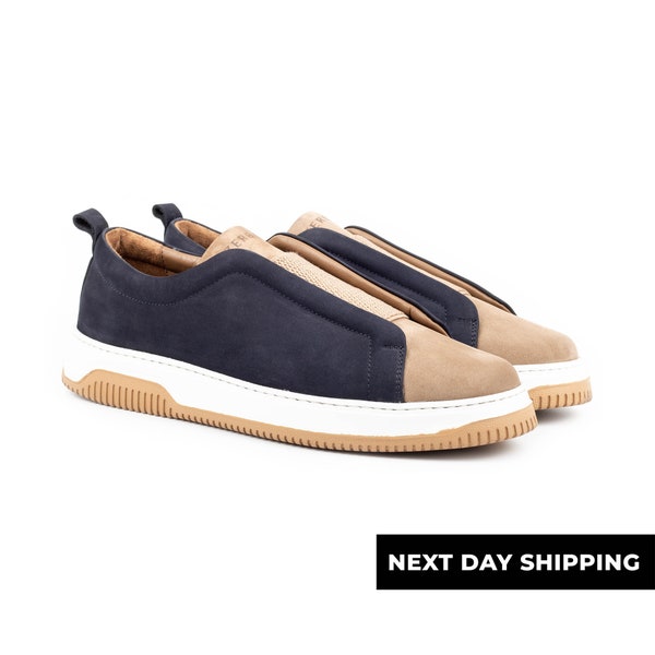 Zerbay Kamet Men's Navy & Cream Casual Slip On Nubuck Leather Handcrafted Shoes Gift Eva Outsole Full Standard Size Side Wall Sole Stitched
