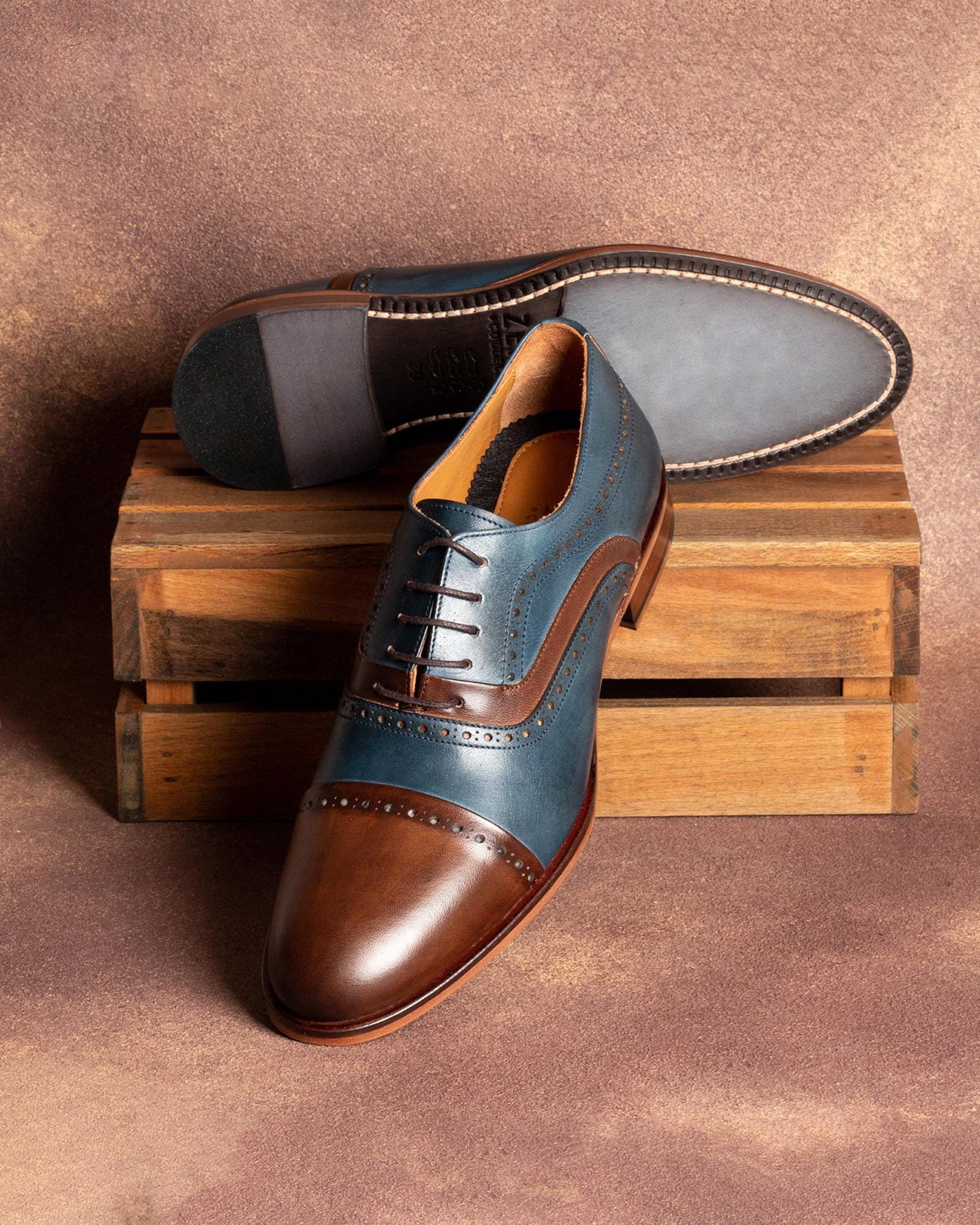 Men\'s Zerbay Eryx Navy-Brown Handpainted Leather Oxford Shoes, Blake Stitched Men main image 2