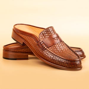 Men's Mawenzi Tan Leather Mules: Men's Patterned Calfskin Half Shoes