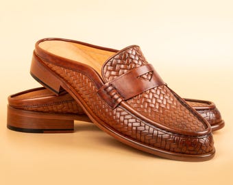 Men's Mawenzi Tan Leather Mules: Men's Patterned Calfskin Half Shoes