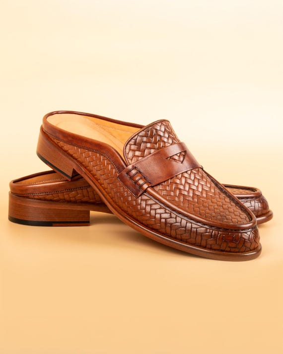 Men's Mawenzi Tan Leather Mules: Men's Patterned Calfskin Half Shoes