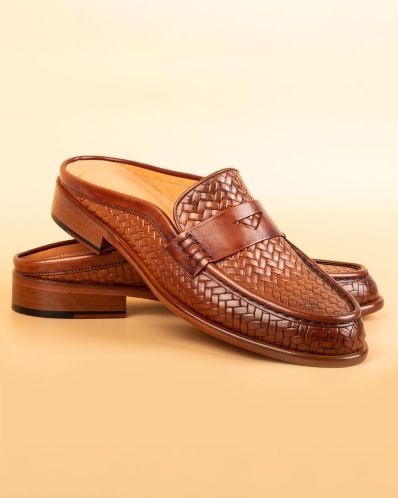 Men's Mawenzi Tan Leather Mules: Men's Patterned Calfskin Half Shoes image 1